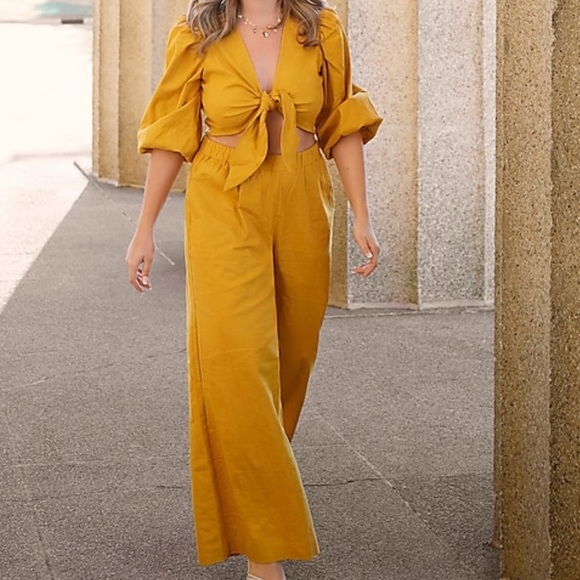 Express Mustard Yellow Wide Leg High Rise Linen Pull On Pants Culottes XL NWT - Picture 1 of 16